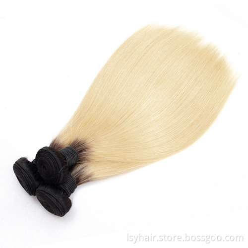 Lsy Wholesale Hair Weave  Pre Colored  613 Blonde Dark Black Root Human Hair Peruvian Straight Wave With Closure